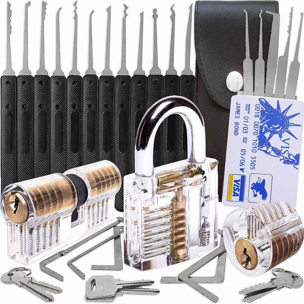 25-Piece Lock Pick Set with 3 Transparent Practice Locks, 5-Piece Credit Card Lock Pick Kit, and 17 Stainless Steel Picks