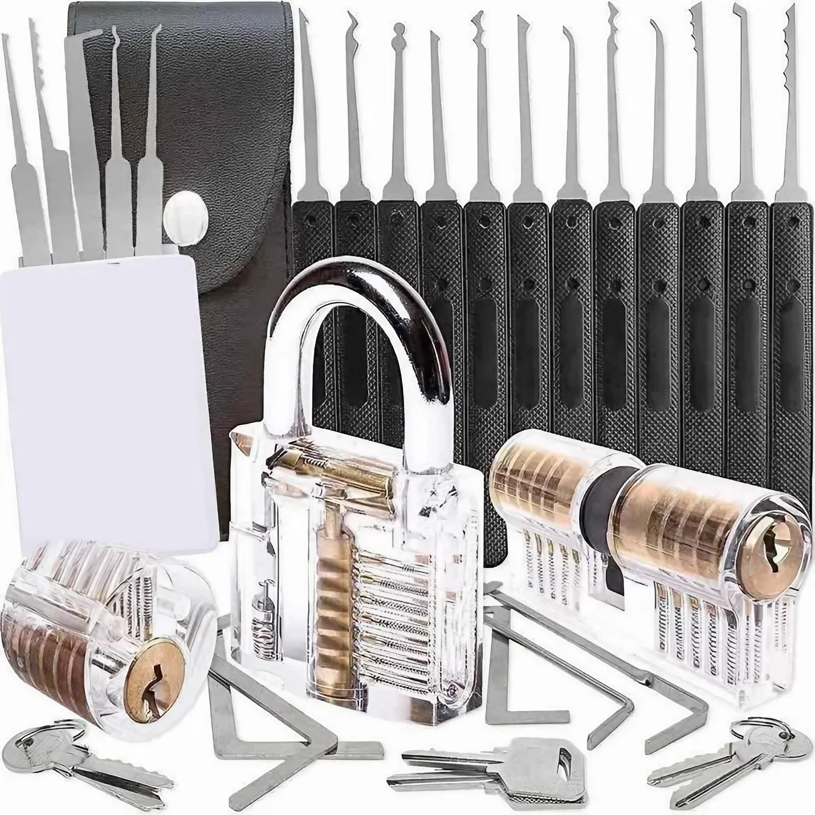 25 Pcs Lock Pick Set W/3 Transparent Training Lock, 5 Pcs Credit Card Lock Picking Kit,17 Pcs Stainless Steel Lock Picking Kit