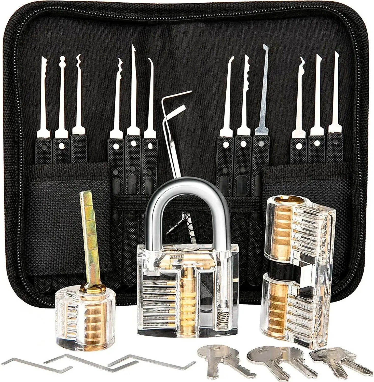 25-Piece Lock Pick Set with 3 Transparent Practice Locks, 5-Piece Credit Card Lock Pick Kit, and 17 Stainless Steel Picks