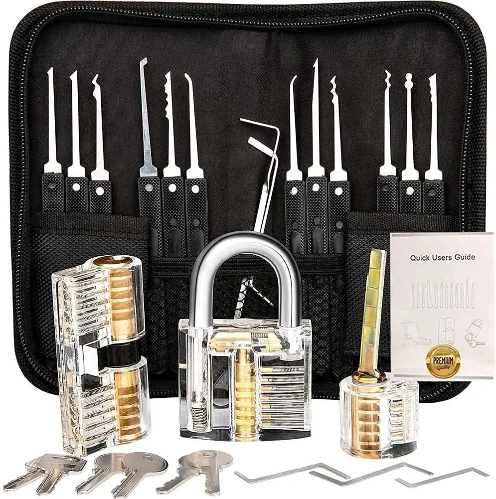 Multi-Functional 25-Piece Lock Training Kit - With Credit Card Lock Picks and Transparent Practice Locks