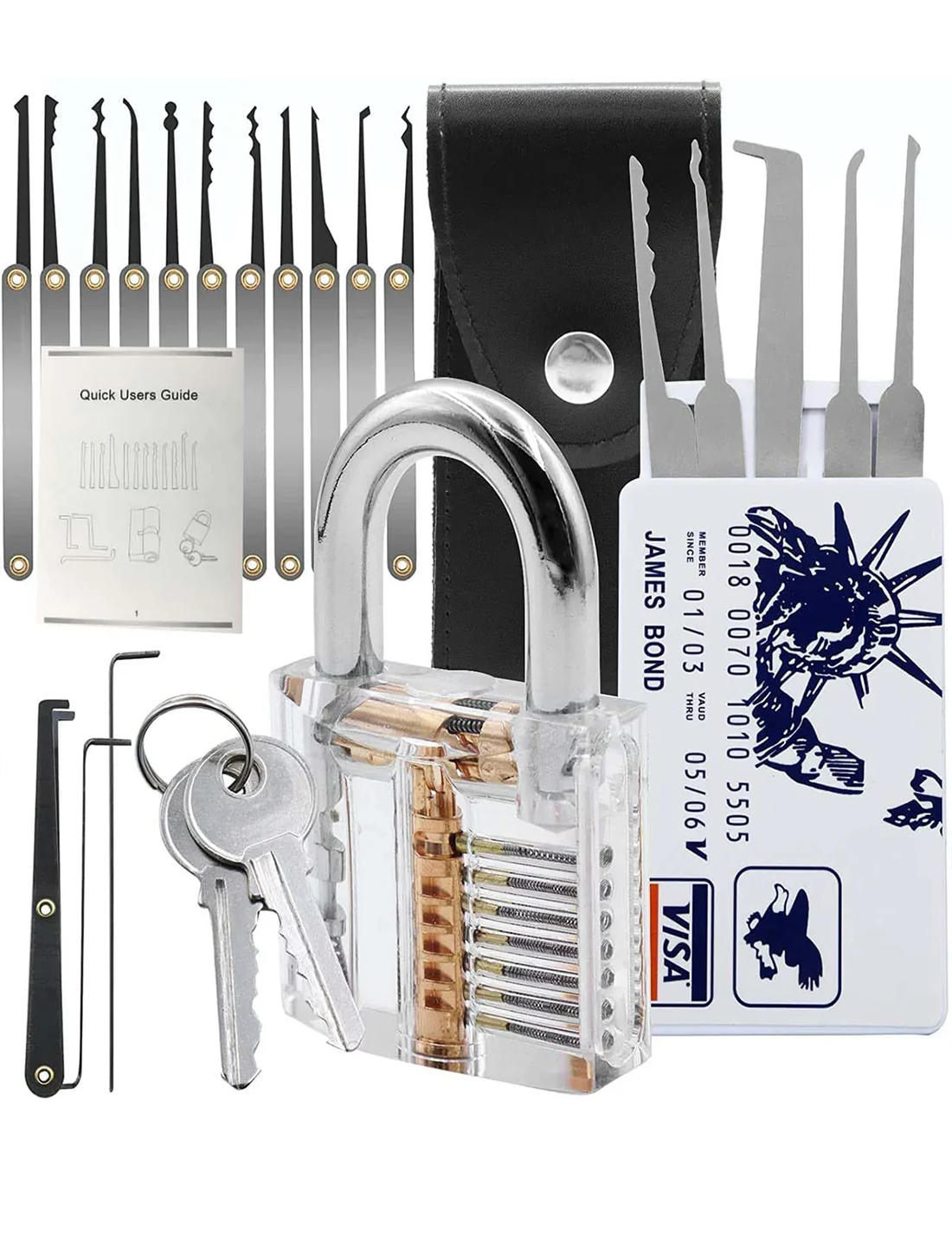 21 Pcs Lock Pick Set W/1 Transparent Training Lock, 5 Pcs Credit Card Lock Picking Kit,17 Pcs Stainless Steel Lock Picking Kit